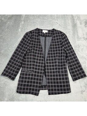 Skies Are Blue Blazer Medium Black Plaid Stretch Open Front Preppy Office Jacket